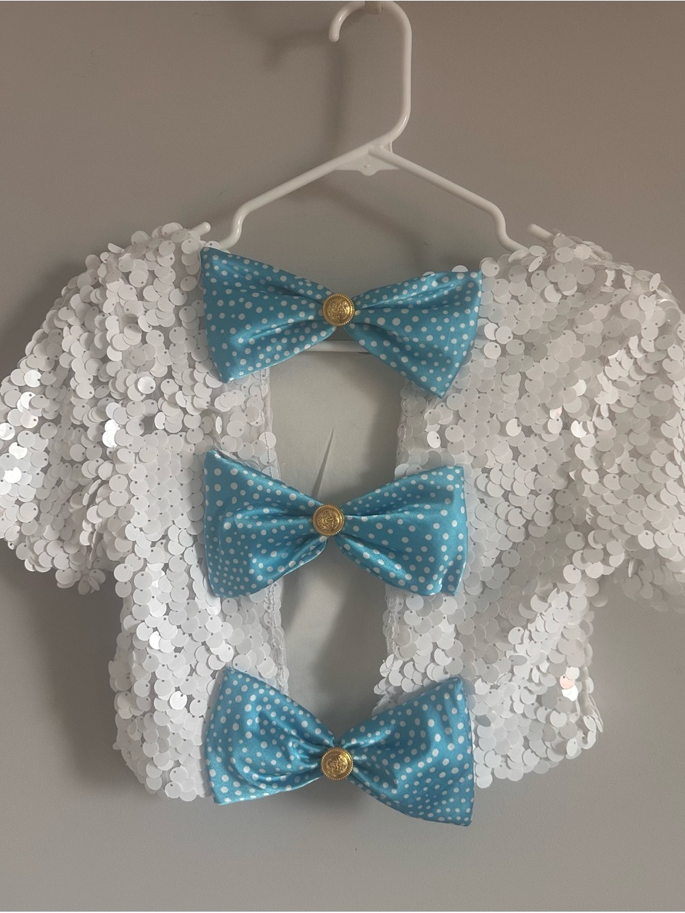 Custom made White Sequin Top with Blue Polkat satin Bow